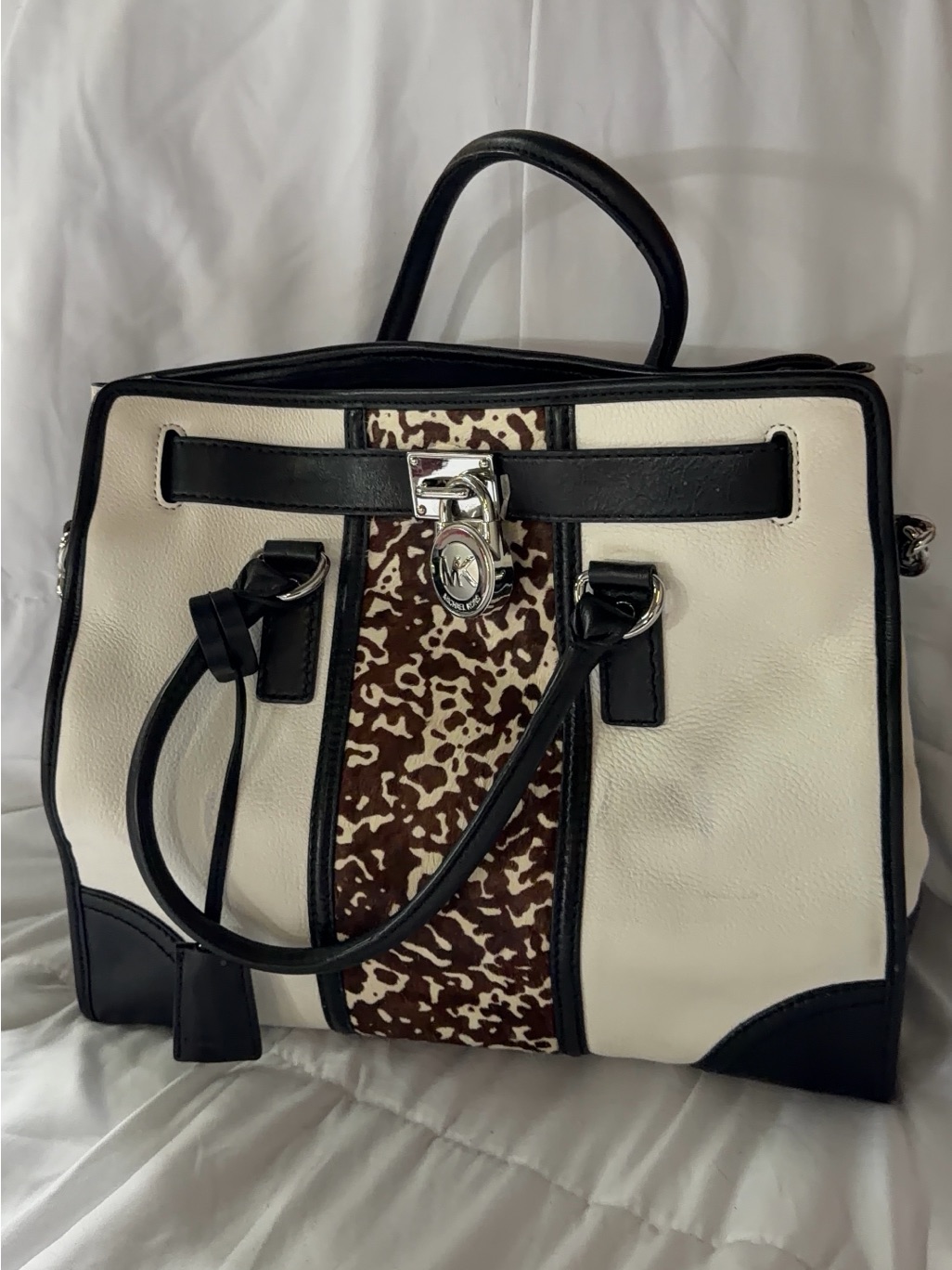 Michael Kors Cream And Black Satchel With Brown Patterned Center